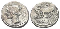 Roman Republican L. Cassius Caecianus. Denar (Silber). 102 v. Chr. Rom. Vs: CAEICIAN. Kopf der Ceres mit Ährenkranz links, dahinter Kontrollmarke C über Punkt. Rs: L CASSI. Ochsengespann mit Joch und 