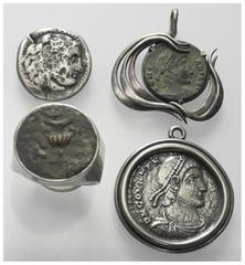 Lots - Ancient Coins Gemischte - Lots. Münzschmuck mit antiken Münzen und eine Alexanderdrachme (Silber und Kupfer, Silber, Kupfer-Nickel). Lot (4 Stück): verschiedene Nominale, ca. 3. - Jhdt. v. Chr.