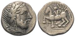 Celtic Ostkelten. Philippos II - Typen. Tetradrachme (Silber). Vs: Verwilderte Legende, Kopf des bärtigen Zeus mit Lorbeerkranz rechts. Rs: Verwilderte Legende. Nackter Jüngling mit Palmzweig zu Pferd
