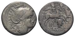 Roman Republican Anonyme Prägungen. Denar (Silber). 206 - 200 v. Chr. Unbekannt. Vs: Kopf der Roma mit geflügeltem Helm rechts, dahinter Wertzeichen. Rs: ROMA. Die Dioskuren mit eingelegten Lanzen nac