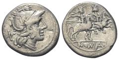 Roman Republican Anonyme Prägungen. Denar (Silber). 189 - 180 v. Chr. Rom. Vs: Kopf der Roma mit geflügeltem Greifenkopfhelm rechts, hinten X. Rs: ROMA. Die Dioskuren mit eingelegten Lanzen nach recht
