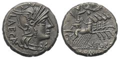Roman Republican M. Porcius Laeca. Denar (Silber). 125 v. Chr. Rom. Vs: LAECA. Kopf der Roma mit Flügelhelm rechts. Davor Wertzeichen X. Rs: M. PORC. / ROMA. Libertas in Quadriga, von darüber fliegend