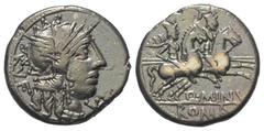 Roman Republican Q. Minucius Rufus. Denar (Silber). 122 v. Chr. Rom. Vs: RVF. Kopf der Roma mit geflügeltem Helm rechts, davor Wertzeichen. Rs: Q MINV / ROMA. Die Dioscuren mit eingelegten Lanzen zu P