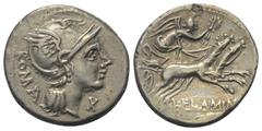Roman Republican L. Flaminius Chilo. Denar (Silber). 109 oder 108 v. Chr. Rom. Vs: ROMA. Kopf der Roma mit geflügeltem Helm rechts, davor Wertzeichen. Rs: L FLAMINI / CILO. Victoria mit Kranz in galop