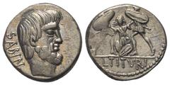 Roman Republican L. Titurius Sabinus. Denar (Silber). 89 v. Chr. Rom. Vs: SABIN. Kopf des Sabinerkönigs Titus Tatius rechts, davor Palmzweig. Rs: Ermordung der Tarpeia durch zwei sabinische Soldaten, 