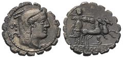 Roman Republican L. Procilius. Denar (Silber). 80 v. Chr. Vs: Kopf der Juno Sospita mit Ziegenfellkappe rechts, dahinter S C. Rs: L PROCILI F. Juno Sospita mit Lanze und Schild in galoppierender Biga 
