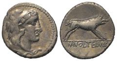 Roman Republican M. Volteius M. F. Denar (Silber). 75 v. Chr. Rom. Vs: Kopf des jugendlichen Hercules mit Löwenfellhaube rechts. Rs: M VOLTEI M F. Der erymanthische Eber nach rechts springend. 19 mm. 