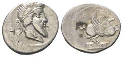 Roman Republican Q. Titius. Denar (Silber). 90 v. Chr. Rom. Vs: Bärtiger Kopf mit geflügeltem Diadem rechts. Rs: Pegasus nach rechts springend, darunter Basis mit der Inschrift Q TITI. 19 mm. 3,88 g. 