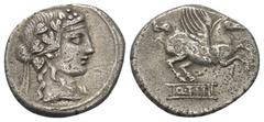 Roman Republican Q. Titius. Denar (Silber). 90 v. Chr. Rom. Vs: Kopf des Bacchus (Liber) mit Efeukranz rechts. Rs: Pegasus nach rechts springend, darunter Basis mit der Inschrift Q TITI. 18 mm. 3,82 g