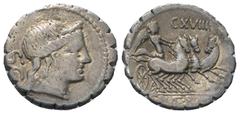 Roman Republican C. Naevius Balbus. Denar (Silber). 79 v. Chr. Rom. Vs: Kopf der Venus mit Diadem rechts, dahinter S C; im Feld rechts Kontrollzeichen. Rs: C NAE BALB. Victoria in galoppierender Triga