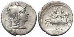 Roman Republican C. Servilius. Denar (Silber). 136 v. Chr. Rom. Vs: ROMA. Kopf der Roma mit geflügeltem Greifenkopfhelm rechts, dahinter Kranz und Wertzeichen. Rs: C SERVEILI M F. Die Dioscuren mit La