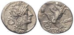Roman Republican T. Cloelius. Denar (Silber). 128 v. Chr. Rom. Vs: ROMA. Kopf der Roma mit geflügeltem Helm rechts, dahinter Kranz. Rs: T CLOVLI. Victoria in Biga nach rechts fahrend, davor Ähre. 19 m