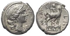 Roman Republican Mn. Aemilius Lepidus. Denar (Silber). 114 oder 113 v. Chr. Rom. Vs: ROMA. Drapierter Frauenkopf (Roma?) mit Lorbeerkranz und Diadem rechts. Links unten Stern. Rs: MN AEMILIO / LEP. St