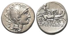 Roman Republican Appius Claudius Pulcher mit T. Manlius Mancinus und Q. Urbinius. Denar (Silber). 111 oder 110 v. Chr. Rom. Vs: Kopf der Roma mit geflügeltem Helm rechts, dahinter Dreieck mit vertieft