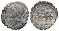 Roman Republican L. Memmius Galeria. Denar (Silber). 106 v. Chr. Rom. Vs: ROMA. Kopf des Saturnus mit Lorbeerkranz links, dahinter Harpa; im Feld links C. Rs: L MEMMI / GAL. Venus mit Szepter in Biga 