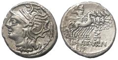 Roman Republican L. Appuleius Saturninus. Denar (Silber). 104 v. Chr. Rom. Vs: Kopf der Roma mit geflügeltem Greifenkopfhelm links. Rs: L SATVRN. Saturnus mit Harpa in Quadriga nach rechts fahrend, da
