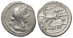 Roman Republican C. Fabius Hadrianus. Denar (Silber). 102 v. Chr. Rom. Vs: Drapierte und verschleierte Büste der Cybele mit Mauerkrone rechts; im Feld links M. Rs: C FABI C F. Victoria in Biga nach re