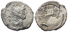 Roman Republican M. Lucilius Rufus. Denar (Silber). 101 v. Chr. Rom. Vs: Kopf der Roma mit geflügeltem Greifenkopfhelm rechts, dahinter PV; das Ganze in Lorbeerkranz. Rs: Victoria in galoppierender Bi
