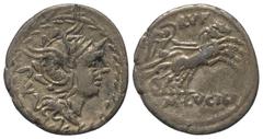 Roman Republican M. Lucilius Rufus. Denar (Silber). 101 v. Chr. Rom. Vs: Kopf der Roma mit geflügeltem Greifenkopfhelm rechts, dahinter PV; das Ganze in Lorbeerkranz. Rs: Victoria in galoppierender Bi