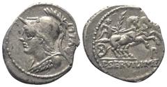 Roman Republican P. Servilius Rullus. Denar (Silber). 100 v. Chr. Rom. Vs: RVLLI. Büste der Minerva mit korinthischem Helm und Ägis links. Rs: P SERVILI M F. Victoria mit Palmzweig in Biga nach rechts