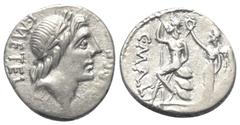 Roman Republican C. Poblicius Malleolus mit A. Postumius Albinus und L. Caecilius Metellus. Denar (Silber). 96 v. Chr. Rom. Vs: A ALB S F L METEL. Kopf des Apollo mit Lorbeerkranz rechts, darunter Hal