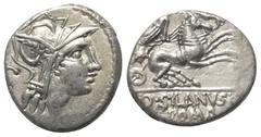 Roman Republican D. Iunius Silanus. Denar (Silber). 91 v. Chr. Rom. Vs: Kopf der Roma mit geflügeltem Helm rechts, dahinter Kontrollmarke. Rs: D SILANVS L F / ROMA. Victoria mit Zügeln in beiden Hände