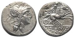 Roman Republican D. Iunius Silanus. Denar (Silber). 91 v. Chr. Rom. Vs: Kopf der Roma mit geflügeltem Helm rechts, dahinter Kontrollmarke. Rs: D SILANVS L F / ROMA. Victoria mit Zügeln in beiden Hände