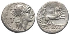 Roman Republican D. Iunius Silanus. Denar (Silber). 91 v. Chr. Rom. Vs: Kopf der Roma mit geflügeltem Helm rechts, dahinter Kontrollmarke. Rs: D SILANVS L F / ROMA. Victoria mit Zügeln in beiden Hände