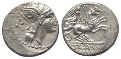 Roman Republican D. Iunius Silanus. Denar (Silber). 91 v. Chr. Rom. Vs: Kopf der Roma mit geflügeltem Helm rechts, dahinter Kontrollmarke P. Rs: D SILANVS L F / ROMA. Victoria mit Zügeln in beiden Hän