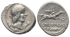 Roman Republican L. Calpurnius Piso Frugi. Denar (Silber). 90 v. Chr. Rom. Vs: Kopf des Apollo mit Lorbeerkranz rechts. Dahinter und vorne Beizeichen. Rs: L PISO FRVGI. Reiter mit Palmzweig zu Pferde 