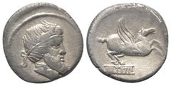 Roman Republican Q. Titius. Denar (Silber). 90 v. Chr. Rom. Vs: Bärtiger Kopf mit geflügeltem Diadem rechts. Rs: Pegasus nach rechts springend, darunter Basis mit der Inschrift Q TITI. 18 mm. 3,57 g. 