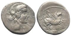 Roman Republican Q. Titius. Denar (Silber). 90 v. Chr. Rom. Vs: Kopf des Bacchus (Liber) mit Efeukranz rechts. Rs: Pegasus nach rechts springend, darunter Basis mit der Inschrift Q TITI. 18 mm. 3,77 g