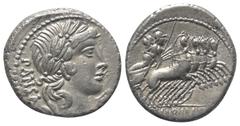 Roman Republican C. Vibius Pansa. Denar (Silber). 90 v. Chr. Rom. Vs: PANSA. Kopf des Apollo mit Lorbeerkranz rechts, davor Kontrollmarke. Rs: C VIBIVS C F. Minerva mit Lanze und Tropaeum in Quadriga 