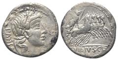 Roman Republican C. Vibius Pansa. Denar (Silber). 90 v. Chr. Rom. Vs: PANSA. Kopf des Apollo mit Lorbeerkranz rechts, davor Kontrollmarke. Rs: C VIBIVS C F. Minerva mit Lanze und Tropaeum in Quadriga 