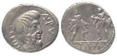 Roman Republican L. Titurius Sabinus. Denar (Silber). 89 v. Chr. Rom. Vs: SABIN A PV. Kopf des Sabinerkönigs Titus Tatius rechts. Rs: Der Raub der Sabinerinnen. Im Abschnitt: L TITVRI. 19 mm. 3,88 g. 