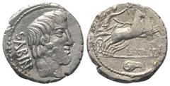 Roman Republican L. Titurius Sabinus. Denar (Silber). 89 v. Chr. Rom. Vs: SABIN. Bärtiger Kopf des Königs Tatius rechts. Rs: L TITVRI. Victoria mit Kranz in Biga nach rechts fahrend. Im Abschnitt Kont