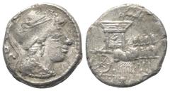 Roman Republican L. Rubrius Dossenus. Denar (Silber). 87 v. Chr. Rom. Vs: DOS. Büste der Minerva mit Helm und Aegis rechts. Rs: L RVBRI. Triumphalquadriga nach rechts fahrend, darüber Victoria in Biga