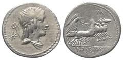 Roman Republican L. Iulius Bursio. Denar (Silber). 85 v. Chr. Rom. Vs: Drapierte Büste des Apollo Veiovis mit Flügel, Lorbeerkranz und Dreizack rechts, dahinter Beizeichen. Rs: L IVLI BVRSIO. Victoria