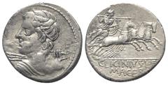Roman Republican C. Licinius Macer. Denar (Silber). 84 v. Chr. Rom. Vs: Büste des Apollo mit Blitzbündel in Rückenansicht nach links. Rs: C LICINIVS L F / MACER. Minerva mit Lanze und Schild in Quadri