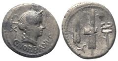 Roman Republican C. Norbanus. Denar (Silber). 83 v. Chr. Rom. Vs: C NORBANVS. Kopf der Venus mit Diadem rechts, dahinter Kontrollzeichen. Rs: Ähre, Liktorenbündel mit Axt und Caduceus nebeneinander. 1