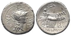 Roman Republican L. Sulla und L. Manlius Torquatus. Denar (Silber). 82 v. Chr. Feldmünzstätte des Sulla. Vs: L MANLI PRO Q. Kopf der Roma mit geflügeltem Greifenkopfhelm rechts. Rs: L SVLLA IM. Sulla 