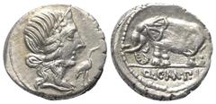Roman Republican Q. Caecilius Metellus Pius. Denar (Silber). 81 v. Chr. Münzstätte in Norditalien. Vs: Kopf der Pietas mit Diadem rechts, davor Storch rechts. Rs: Q C M P I. Elefant nach links stehend
