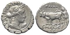 Roman Republican C. Marius Capito. Denar (Silber). 81 v. Chr. Rom. Vs: CAPIT. Drapierte Büste der Ceres mit Ährenkranz rechts, davor Schild; darüber Kontrollmarke. Rs: C MARI C F / S C. Pflüger mit Oc