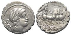 Roman Republican C. Naevius Balbus. Denar (Silber). 79 v. Chr. Rom. Vs: Kopf der Venus mit Diadem rechts, dahinter S C; im Feld rechts Kontrollzeichen. Rs: C NAE BALB. Victoria in galoppierender Triga
