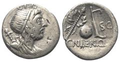 Roman Republican Cn. Cornelius Lentulus Marcellinus. Denar (Silber). 76 - 75 v. Chr. Münzstätte in Spanien (?). Vs: Drapierte Büste des Genius Populi Romani mit Diadem rechts, dahinter Szepter, darübe