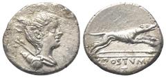 Roman Republican C. Postumius. Denar (Silber). 74 v. Chr. Rom. Vs: Drapierte Büste der Diana mit Bogen und Köcher über der Schulter rechts. Rs: C POSTVMI. Stilisierter Jagdhund nach rechts springend, 
