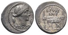 Roman Republican L. Furius Brocchus. Denar (Silber). 63 v. Chr. Rom. Vs: III - VIR / BROCCHI. Kopf der Ceres mit Ährenkranz rechts, dahinter Ähre, davor Getreidekorn. Rs: L FVRI / CN F. Sella curulis,