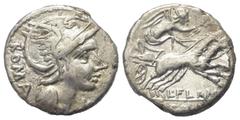 Roman Republican L. Flaminius Chilo. Denar (Silber). 109 oder 108 v. Chr. Rom. Vs: ROMA. Kopf der Roma mit geflügeltem Helm rechts, davor Wertzeichen. Rs: L FLAMINI / CILO. Victoria mit Kranz in galop