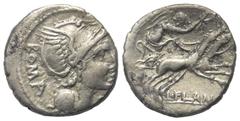 Roman Republican L. Flaminius Chilo. Denar (Silber). 109 oder 108 v. Chr. Rom. Vs: ROMA. Kopf der Roma mit geflügeltem Helm rechts, davor Wertzeichen. Rs: L FLAMINI / CILO. Victoria mit Kranz in galop