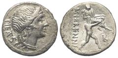Roman Republican M. Herennius. Denar (Silber). 108 oder 107 v. Chr. Rom. Vs: PIETAS. Kopf der Pietas mit Diadem rechts. Rs: M HERENNI. Amphinomus, einer der beiden Brüder aus Catane, mit seinem Vater 